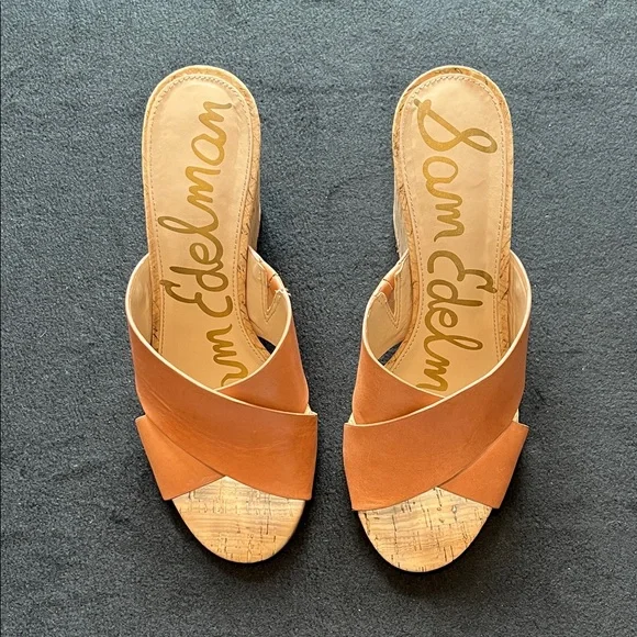 Sam Edelman Nahla Tan Brown Crisscross Leather Wedge Sandals 8.5 women’s - Picture 2 of 9